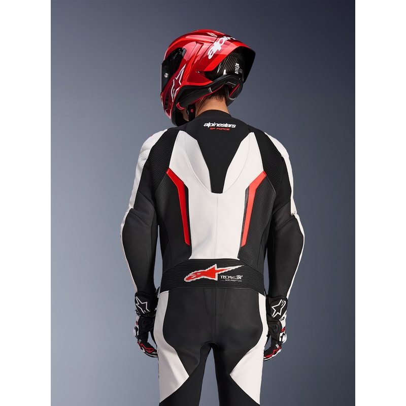 Mono de moto Alpinestars GP FORCE V2 de una pieza, blanco, negro y rojo flúor.