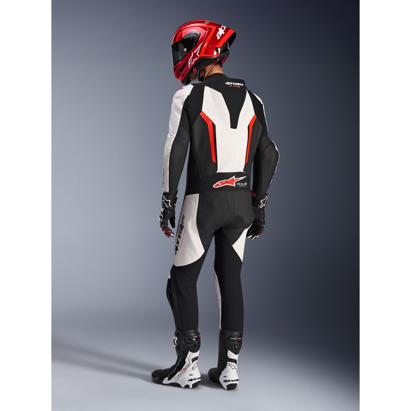 Mono de moto Alpinestars GP FORCE V2 de una pieza, blanco, negro y rojo flúor.