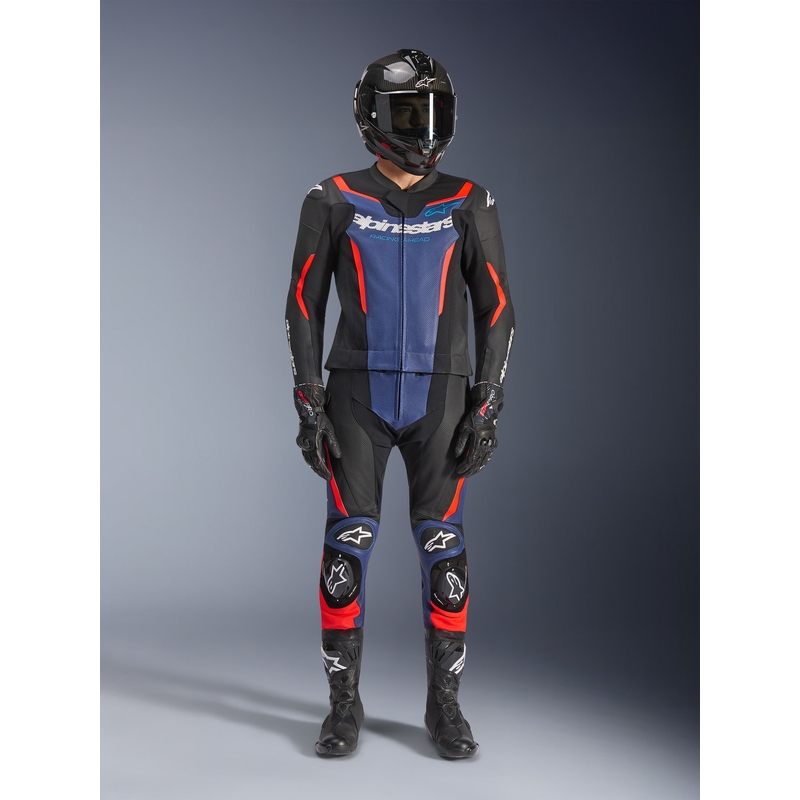 Mono de moto Alpinestars GP Force V2 de dos piezas, negro, azul y rojo flúor.