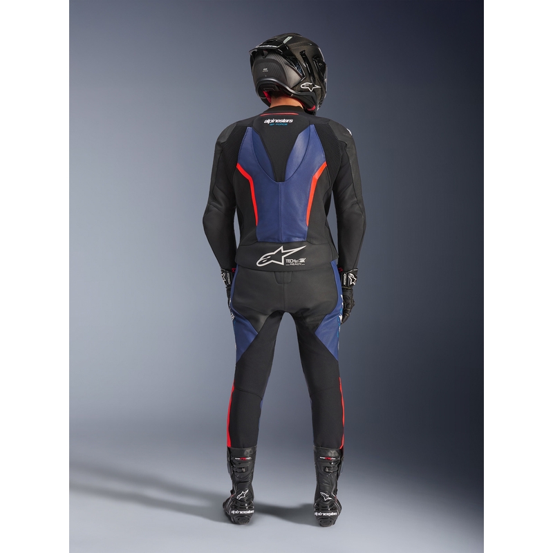 Mono de moto Alpinestars GP Force V2 de dos piezas, negro, azul y rojo flúor.