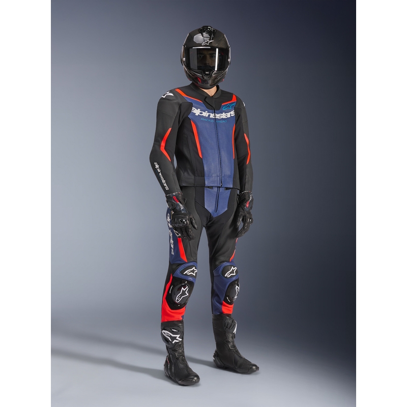 Mono de moto Alpinestars GP Force V2 de dos piezas, negro, azul y rojo flúor.