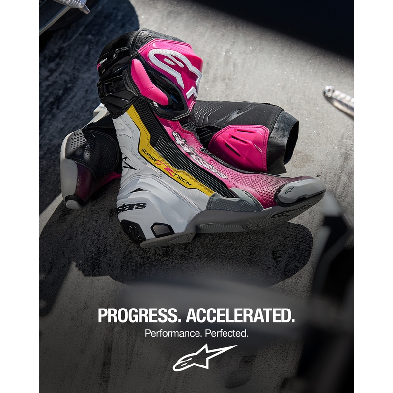 Botas de moto Alpinestars Supertech R negras, blancas, rosas y amarillas