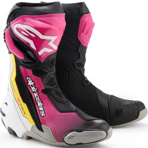 Botas de moto Alpinestars Supertech R negras, blancas, rosas y amarillas