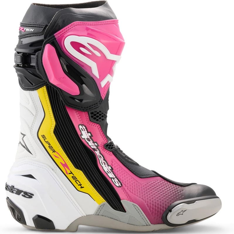 Botas de moto Alpinestars Supertech R negras, blancas, rosas y amarillas