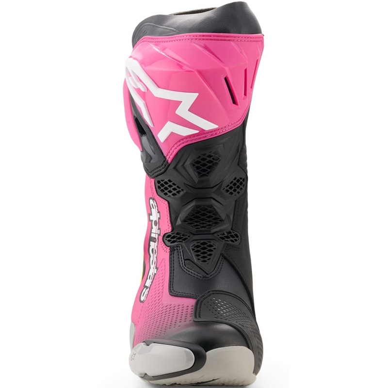 Botas de moto Alpinestars Supertech R negras, blancas, rosas y amarillas