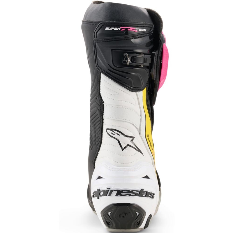 Botas de moto Alpinestars Supertech R negras, blancas, rosas y amarillas