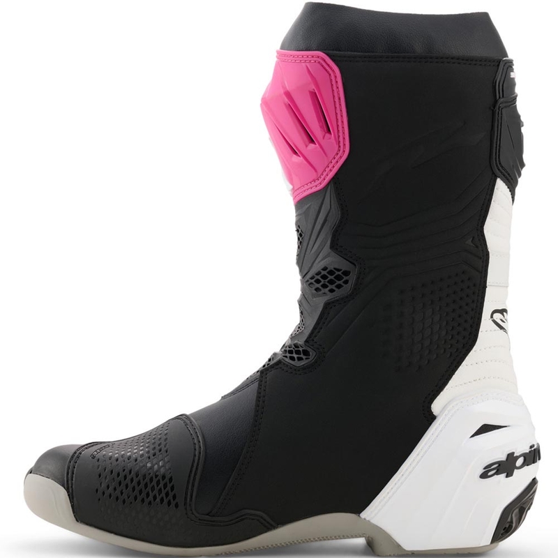 Botas de moto Alpinestars Supertech R negras, blancas, rosas y amarillas