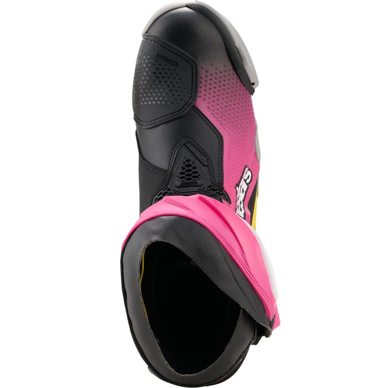 Botas de moto Alpinestars Supertech R negras, blancas, rosas y amarillas