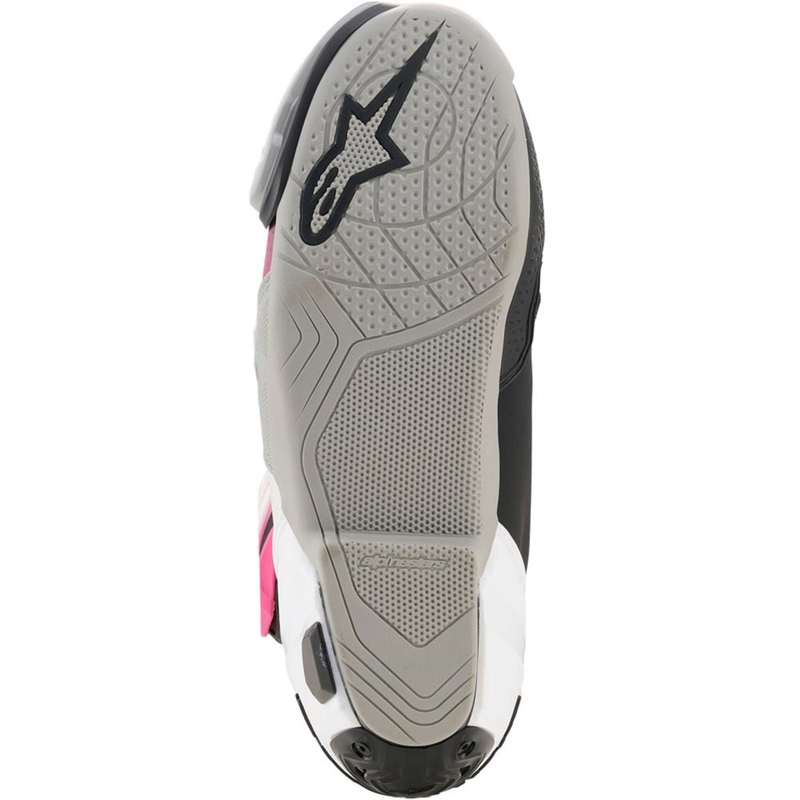Botas de moto Alpinestars Supertech R negras, blancas, rosas y amarillas
