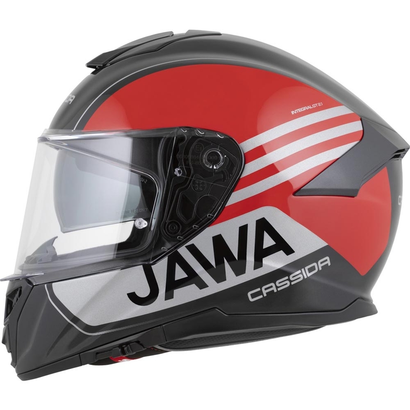 Casco integral para motocicleta Cassida Integral GT 2.1 Jawa Sport, color negro-rojo perla-plata.