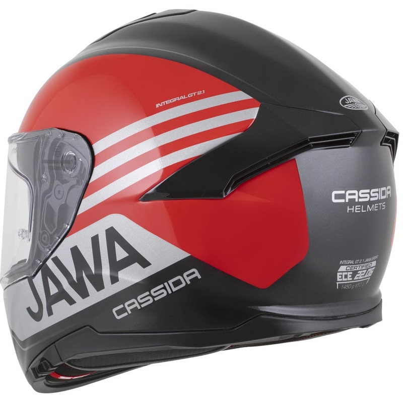 Casco integral para motocicleta Cassida Integral GT 2.1 Jawa Sport, color negro-rojo perla-plata.