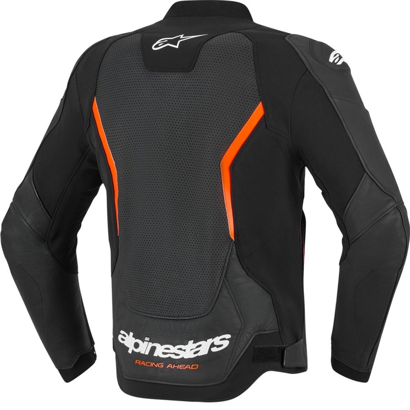 Chaqueta de moto de cuero Alpinestars GP Force V2 Airflow en negro, rojo flúor y blanco.