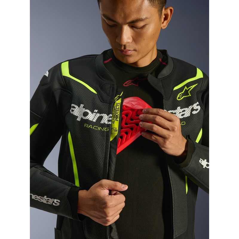 Chaqueta de moto de cuero Alpinestars GP Force V2 Airflow negra-amarillo flúor