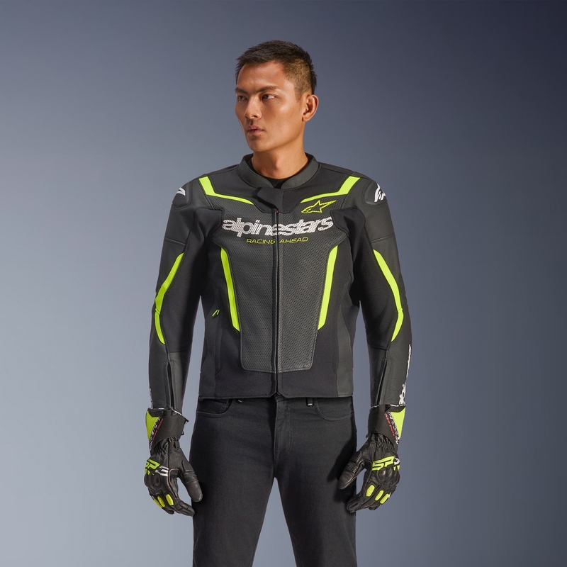 Chaqueta de moto de cuero Alpinestars GP Force V2 Airflow negra-amarillo flúor