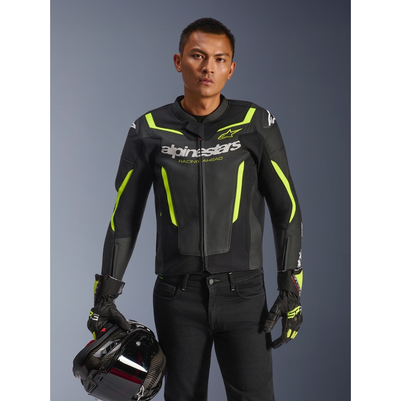 Chaqueta de moto de cuero Alpinestars GP Force V2 Airflow negra-amarillo flúor