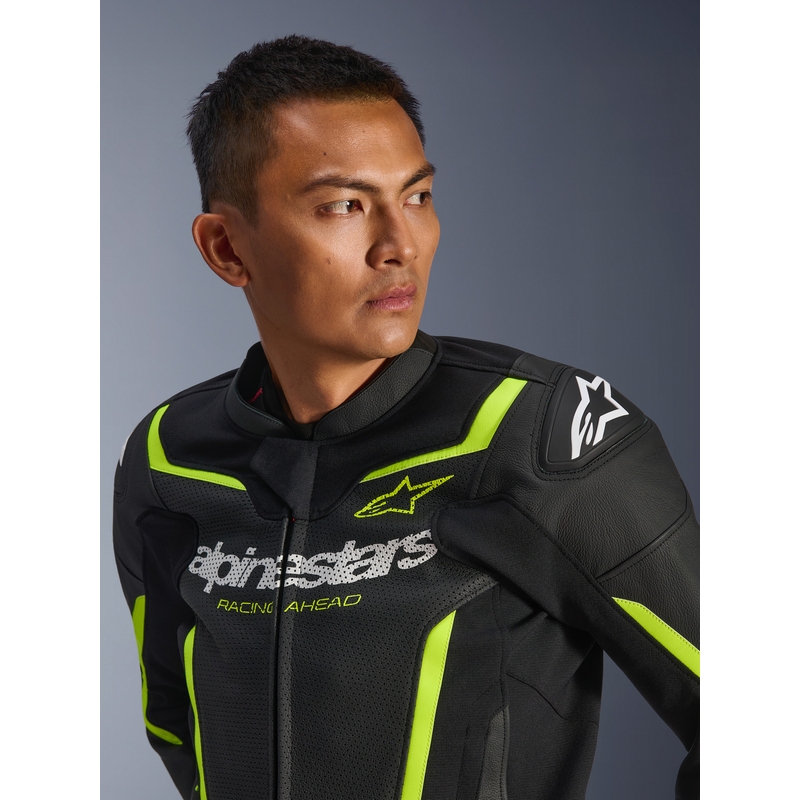 Chaqueta de moto de cuero Alpinestars GP Force V2 Airflow negra-amarillo flúor