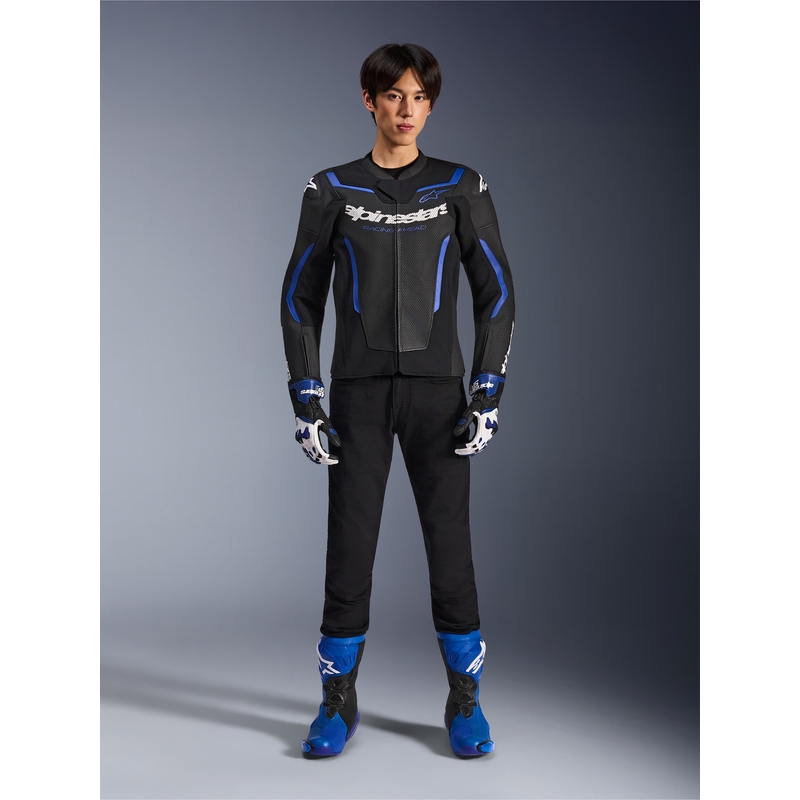 Chaqueta de moto de cuero Alpinestars GP Force V2 Airflow, color negro metalizado azul.