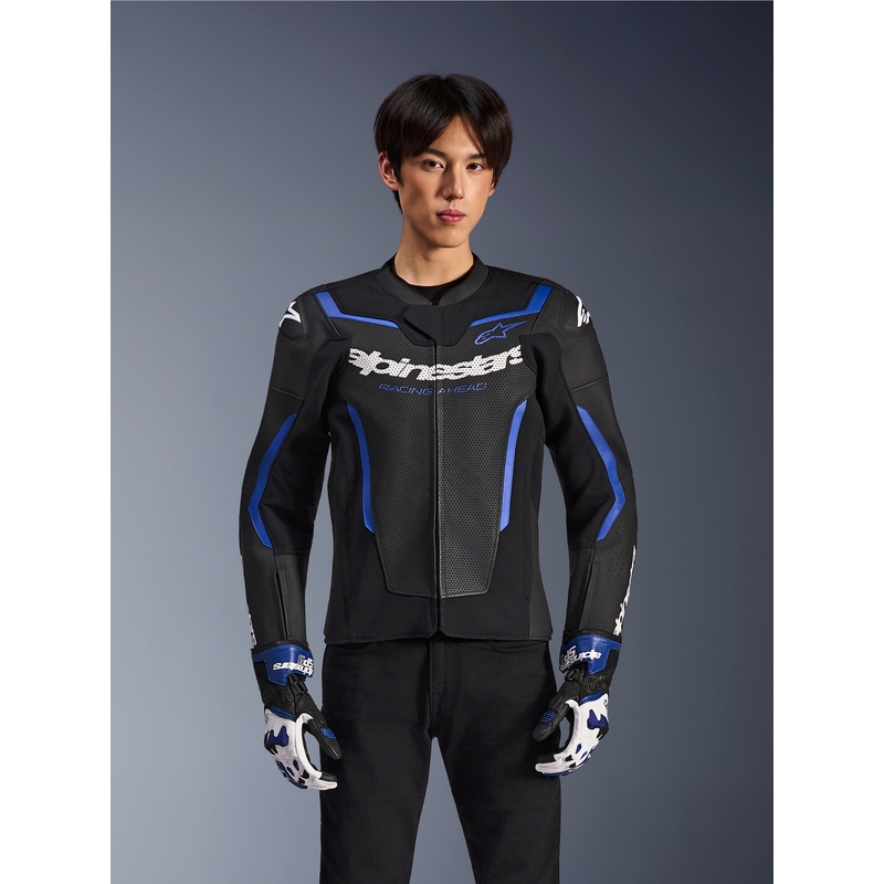 Chaqueta de moto de cuero Alpinestars GP Force V2 Airflow, color negro metalizado azul.