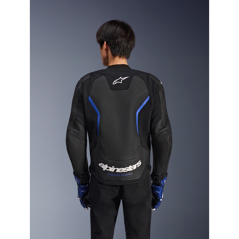 Chaqueta de moto de cuero Alpinestars GP Force V2 Airflow, color negro metalizado azul.
