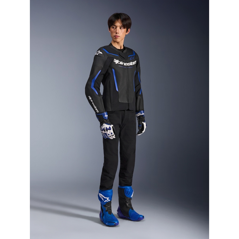 Chaqueta de moto de cuero Alpinestars GP Force V2 Airflow, color negro metalizado azul.