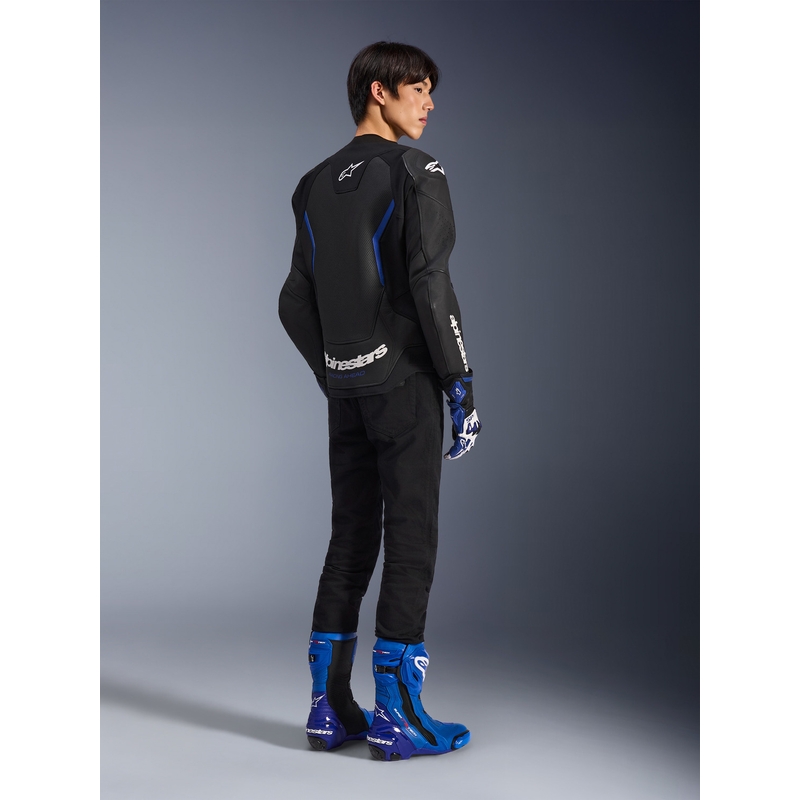 Chaqueta de moto de cuero Alpinestars GP Force V2 Airflow, color negro metalizado azul.
