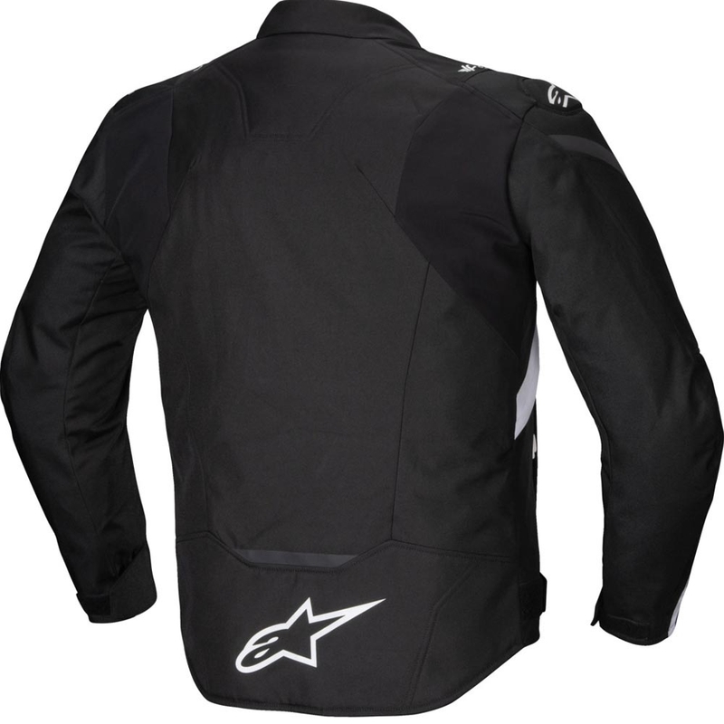 Chaqueta de moto impermeable Alpinestars T-JAWS V4, color negro y blanco.