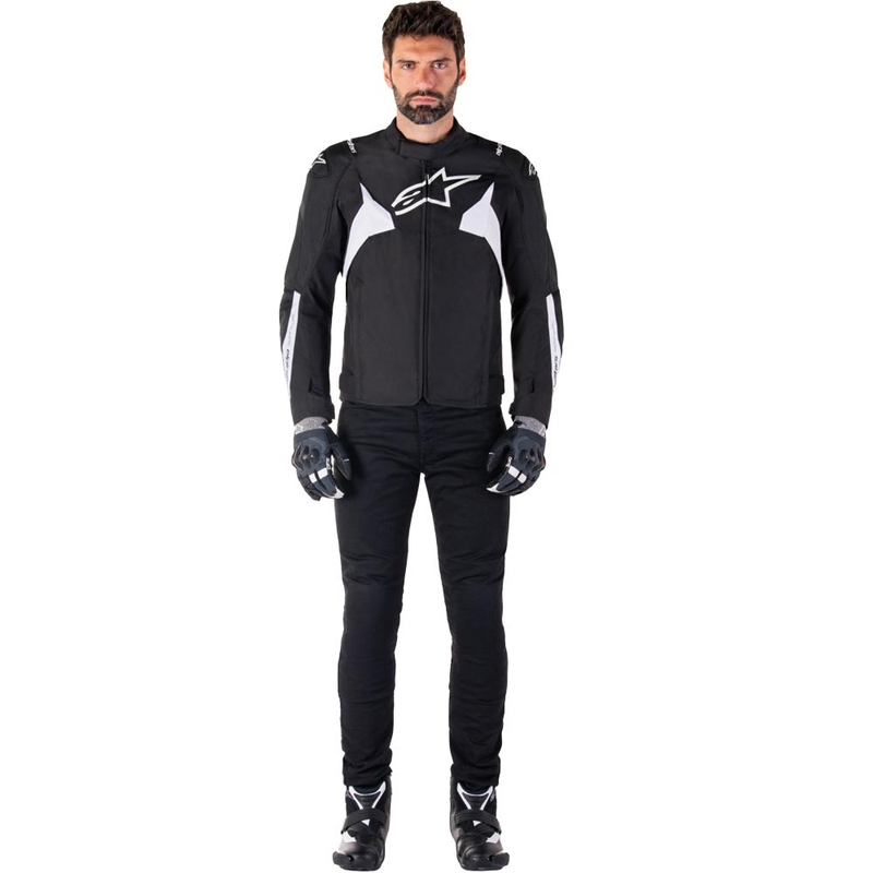 Chaqueta de moto impermeable Alpinestars T-JAWS V4, color negro y blanco.