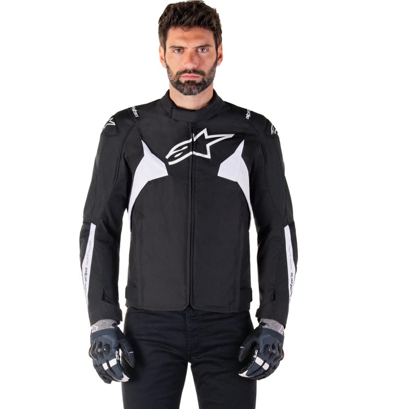 Chaqueta de moto impermeable Alpinestars T-JAWS V4, color negro y blanco.