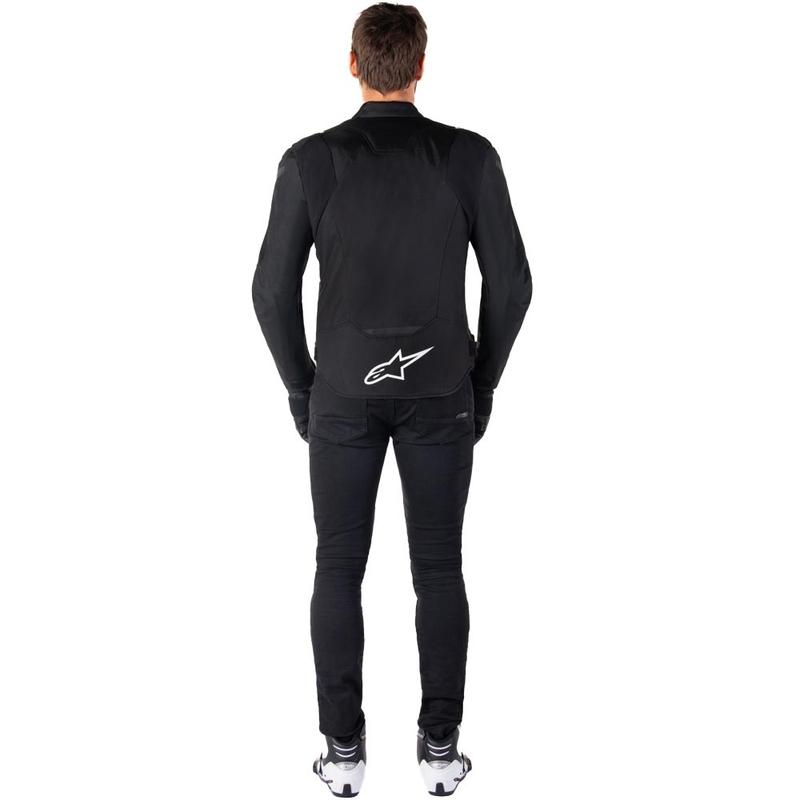 Chaqueta de moto impermeable Alpinestars T-JAWS V4, color negro y blanco.