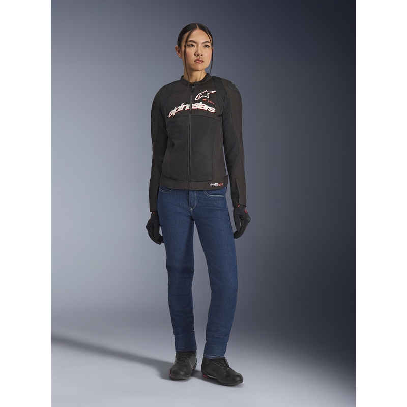 Chaqueta de moto Alpinestars Stella SMX Air para mujer, color negro, blanco y rojo flúor.
