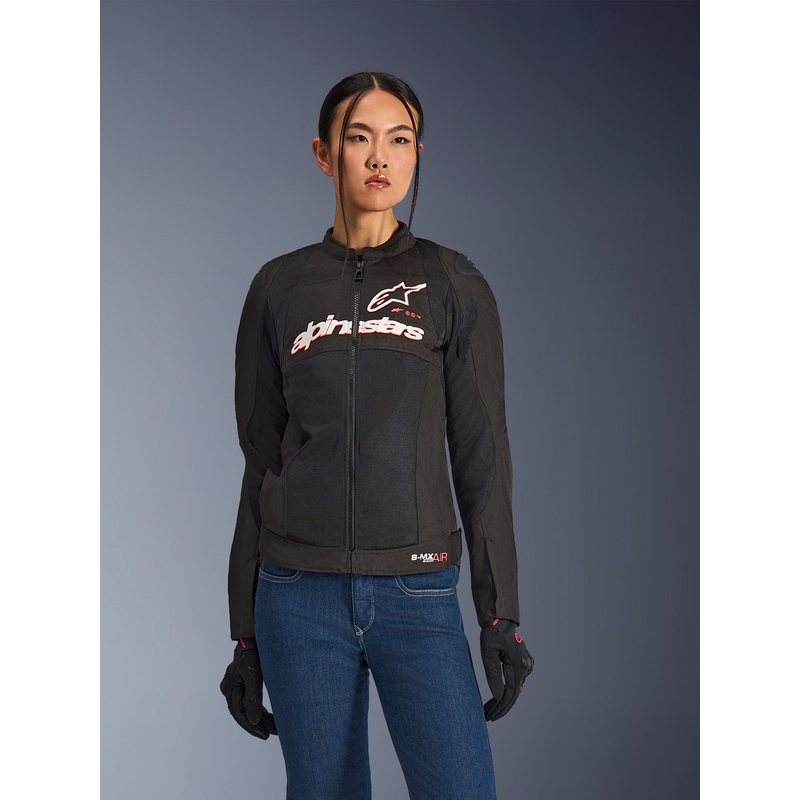 Chaqueta de moto Alpinestars Stella SMX Air para mujer, color negro, blanco y rojo flúor.