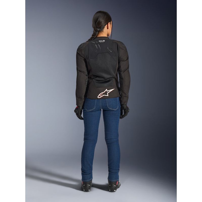 Chaqueta de moto Alpinestars Stella SMX Air para mujer, color negro, blanco y rojo flúor.
