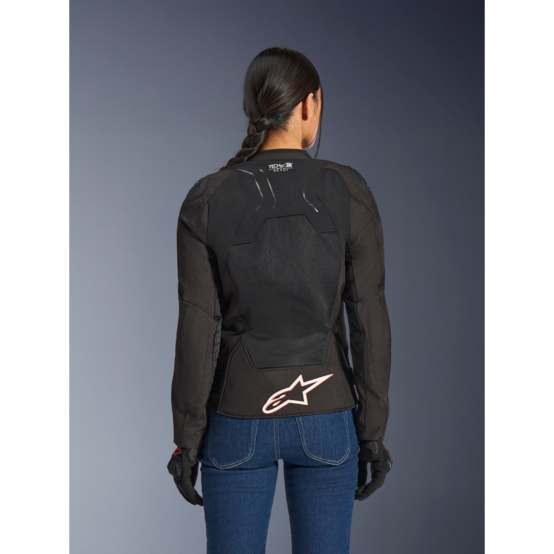 Chaqueta de moto Alpinestars Stella SMX Air para mujer, color negro, blanco y rojo flúor.