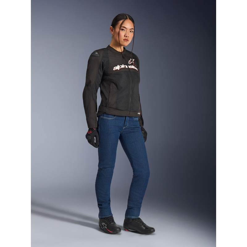 Chaqueta de moto Alpinestars Stella SMX Air para mujer, color negro, blanco y rojo flúor.