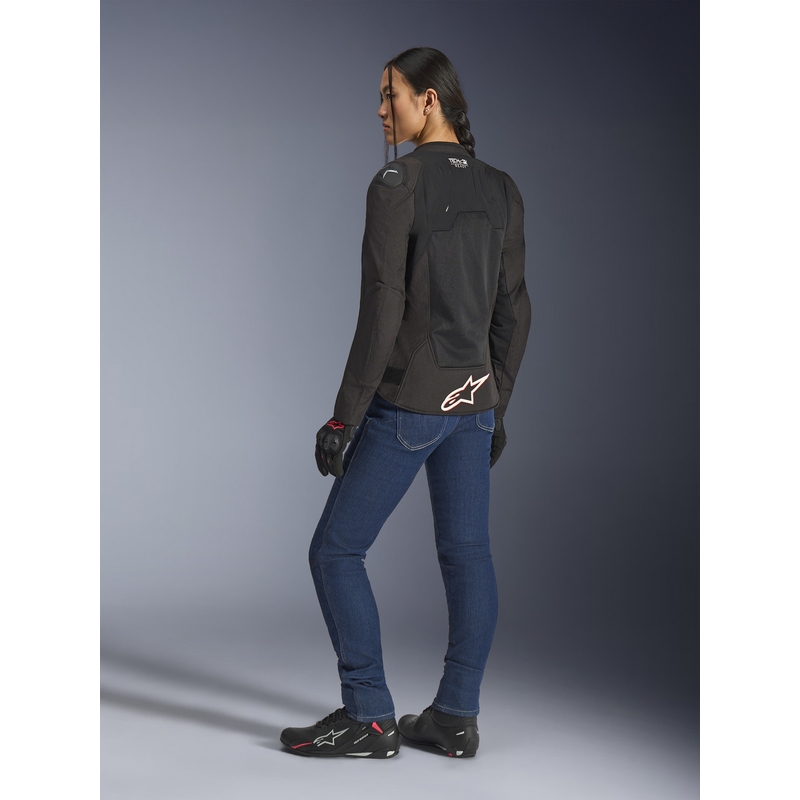 Chaqueta de moto Alpinestars Stella SMX Air para mujer, color negro, blanco y rojo flúor.
