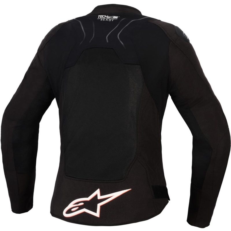 Chaqueta de moto Alpinestars Stella SMX Air para mujer, color negro, blanco y rojo flúor.