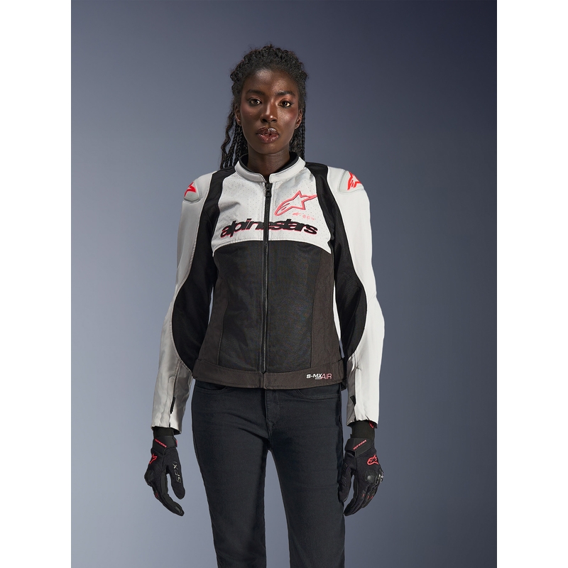 Chaqueta de moto Alpinestars Stella SMX Air para mujer, color gris claro, negro y rosa.
