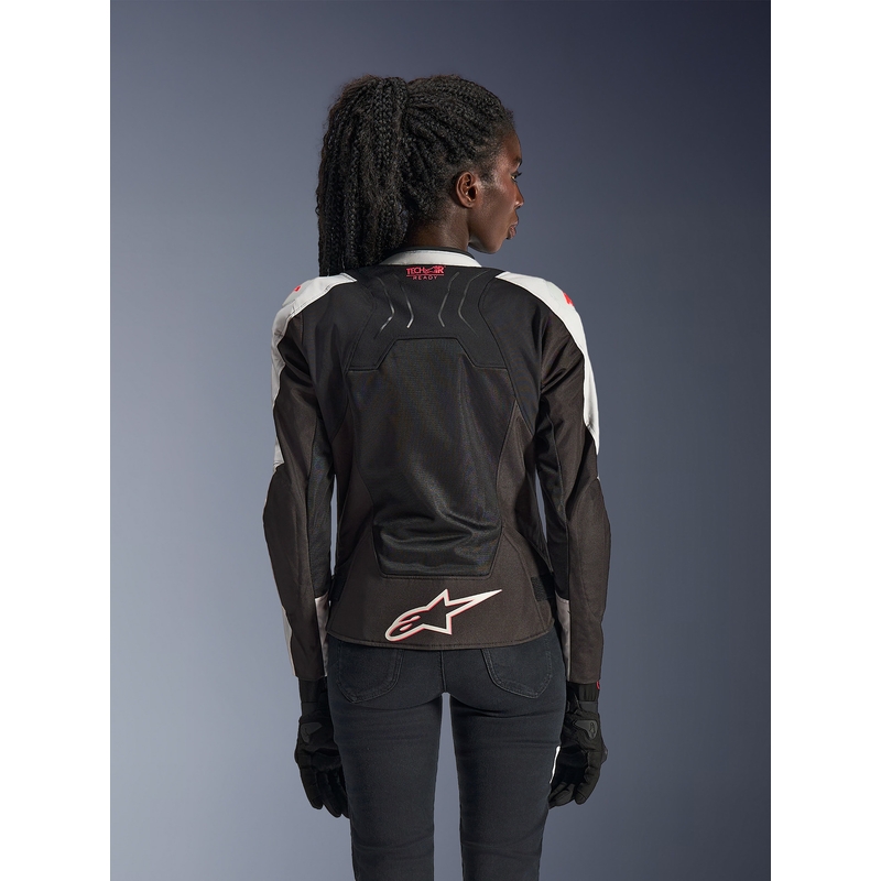 Chaqueta de moto Alpinestars Stella SMX Air para mujer, color gris claro, negro y rosa.