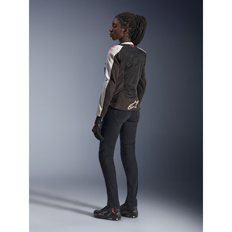 Chaqueta de moto Alpinestars Stella SMX Air para mujer, color gris claro, negro y rosa.