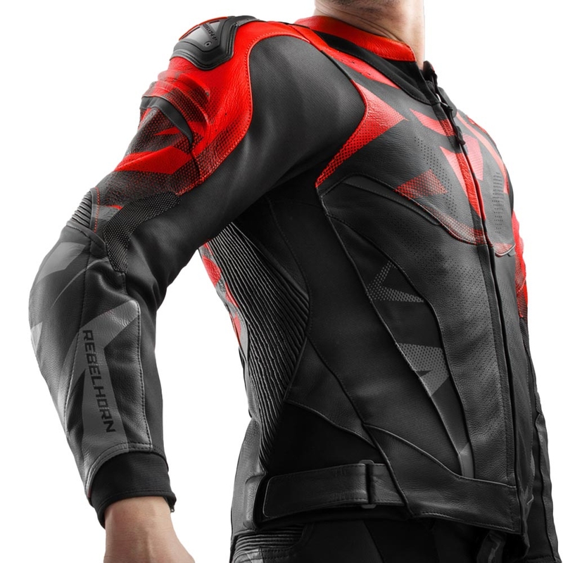 Chaqueta de moto de cuero Rebelhorn Inferno negra-rojo flúor