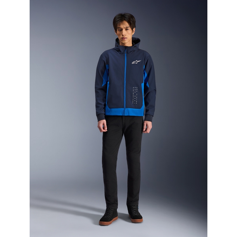 Sudadera con capucha Alpinestars Radium Tech para moto, color azul oscuro.