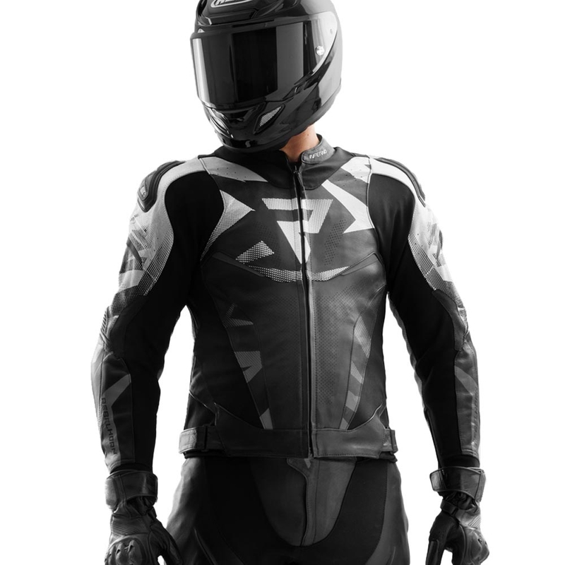 Chaqueta de moto de cuero Rebelhorn Inferno en blanco y negro.