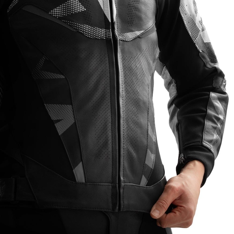 Chaqueta de moto de cuero Rebelhorn Inferno en blanco y negro.