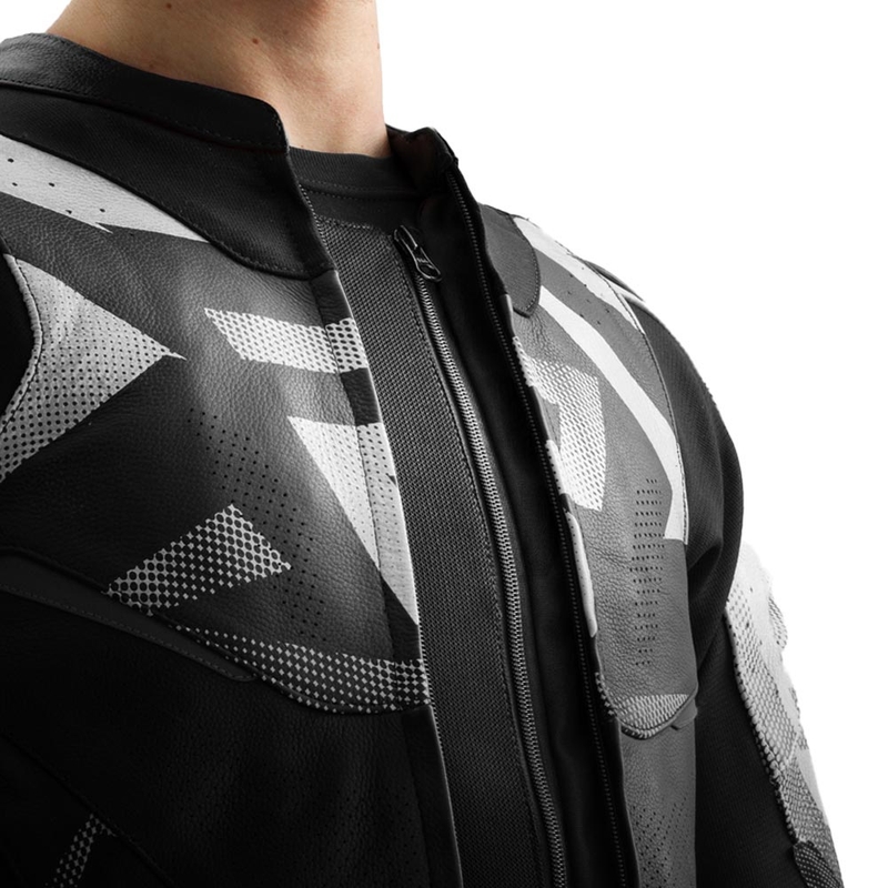 Chaqueta de moto de cuero Rebelhorn Inferno en blanco y negro.