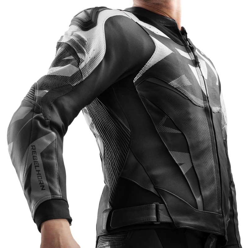 Chaqueta de moto de cuero Rebelhorn Inferno en blanco y negro.