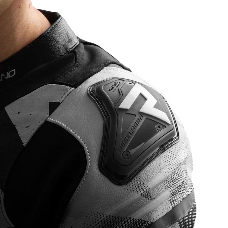 Chaqueta de moto de cuero Rebelhorn Inferno en blanco y negro.