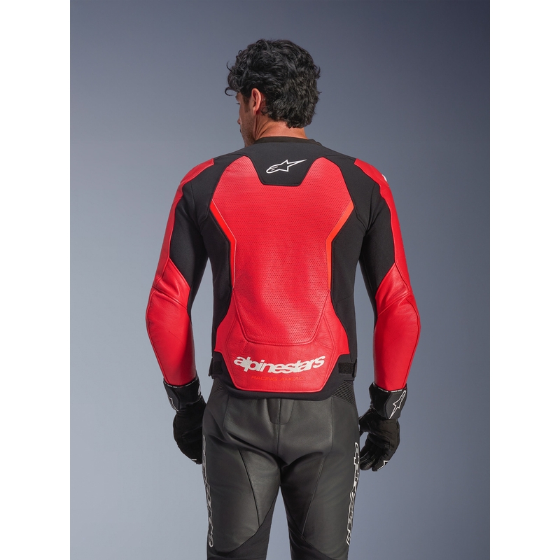 Chaqueta de moto de cuero Alpinestars GP Force V2 Airflow, rojo flúor, negro y blanco.