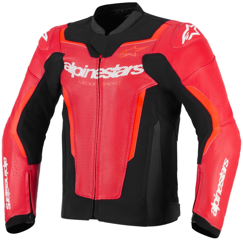 Chaqueta de moto de cuero Alpinestars GP Force V2 Airflow, rojo flúor, negro y blanco.