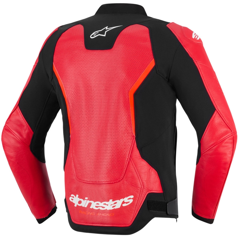 Chaqueta de moto de cuero Alpinestars GP Force V2 Airflow, rojo flúor, negro y blanco.