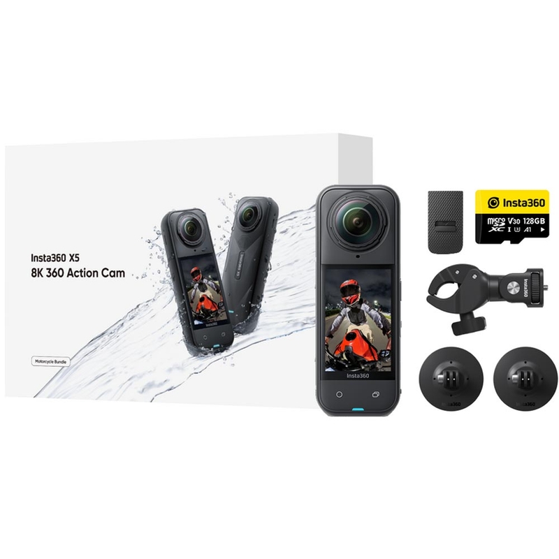 Paquete de motocicleta Insta360 X5 con cámara de acción negra
